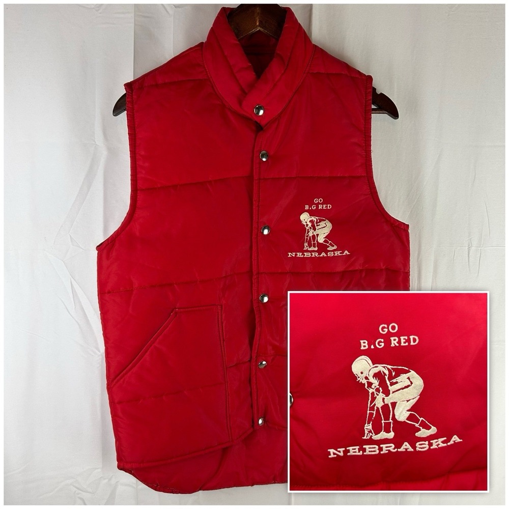 VTG‎ 80s Nebraska Cornhuskers Artex Puffer Vest Mens Small Snap Button Red Nylon